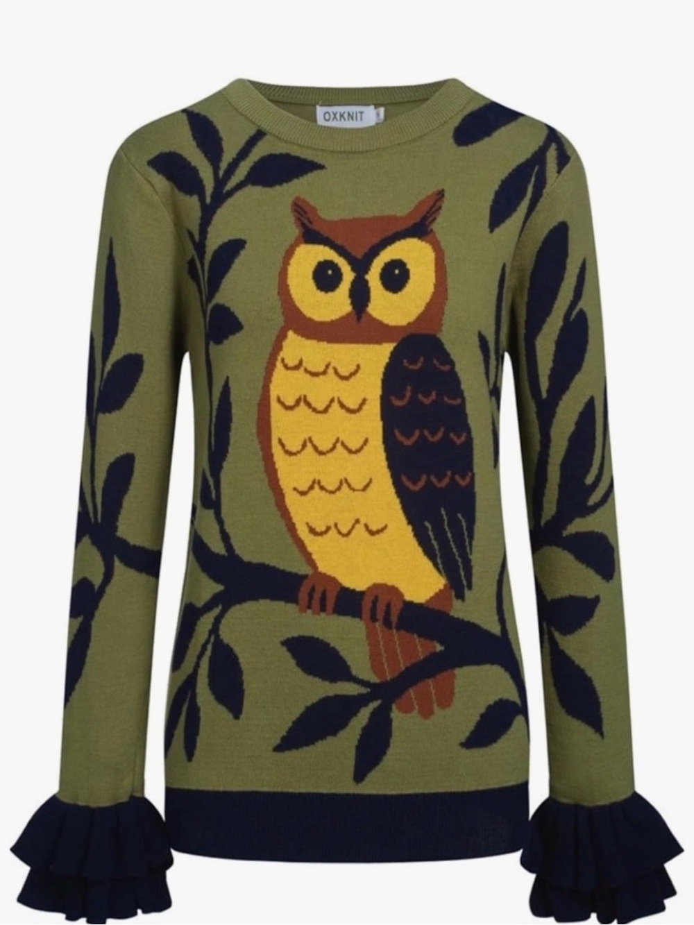 OXKNIT Olive Owl Crewneck Sweater Top